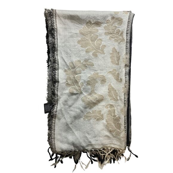 Lafayette 148 New York Wool Scarf Reversible Leaf Pattern Black & Ivory - Picture 6 of 8